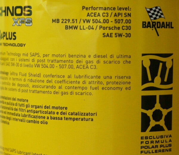 BARDAHL TECHNOS  XFS Motor Oil 5W-30 AV 504 mSAPS (VW 504.00 - 507.00) - 1 Liter Dose
