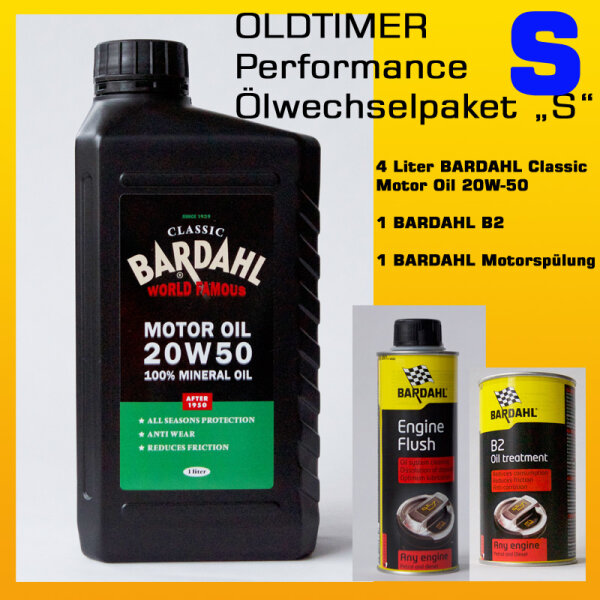 OLDTIMER Performance-Ölwechselpaket "S": 4 x BARDAHL Classic Motor Oil 20W-50  (API SF/CC) + BARDAHL B2 Motorölzusatz "Der Klassiker"+ BARDAHL Motorspülung